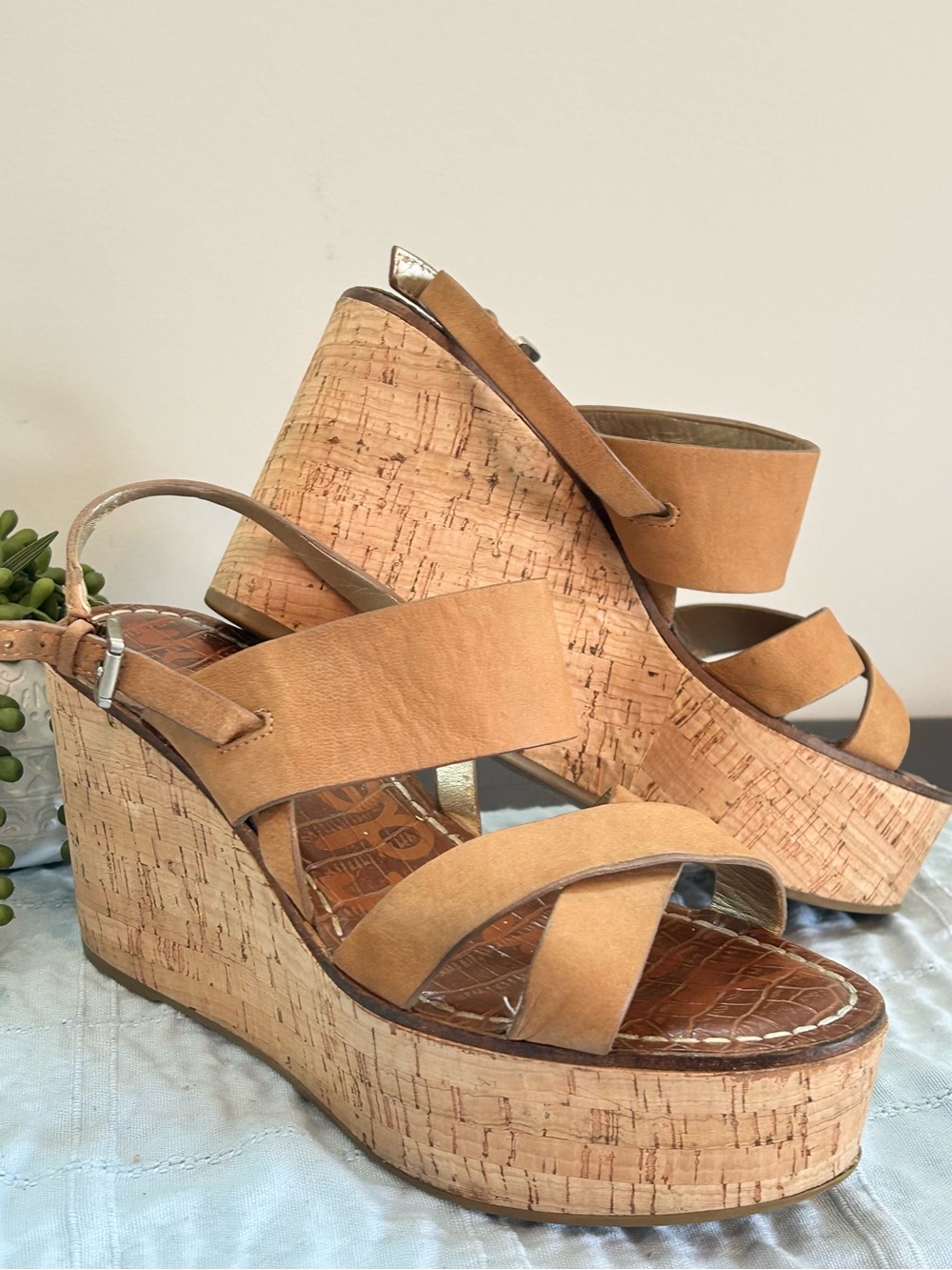 Sam Edelman Cork Platform Wedge Sandals Tan Leather Size 7.5 Resort